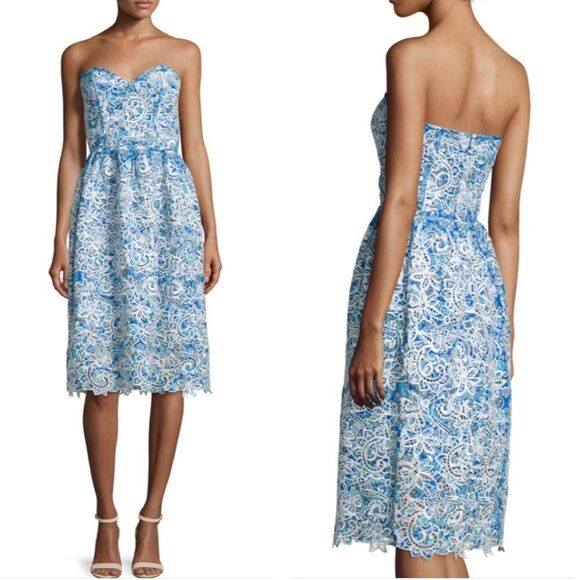 Parker Azalea Strapless Sweetheart-Neck Lace Dress, Glacius Brocatto eyelet midi - Picture 1 of 11